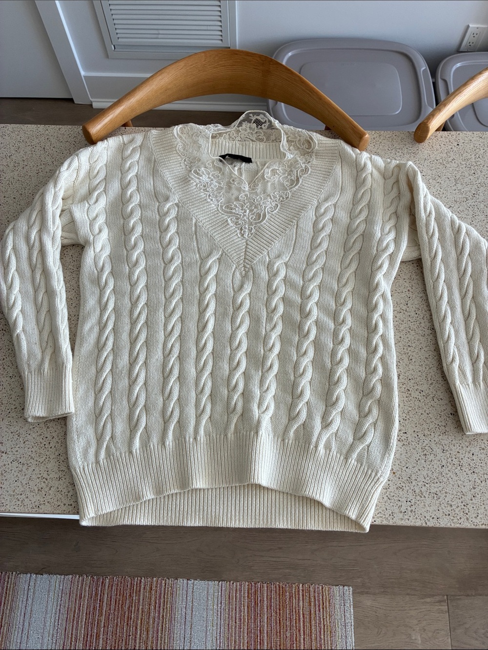 Alexander Wang Cream Cable Knit V-Neck Sweater with Lace Trim